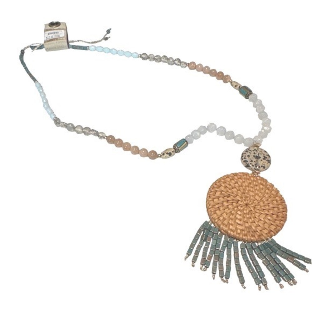 Anthropologie Raffia Pendant Statement Necklace Precious Beaded Boho Coastal NWT